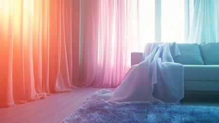 This image showcases a cozy living room featuring soft drapes and a stylish couch, bathed in warm ambient light. The serene atmosphere invites relaxation and comfort.の素材