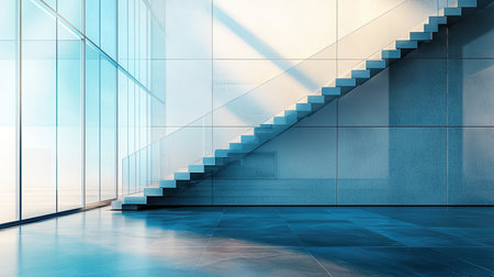 A stunning modern interior showcasing a minimalist staircase and expansive glass walls, filled with natural light, featuring sleek lines and a serene atmosphere.の素材