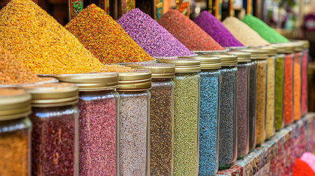 A stunning array of colorful spice jars displayed at a bustling market stall, showcasing a variety of textures and hues that draw in the senses.の素材