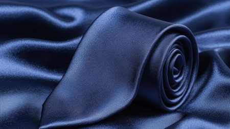 This elegant blue satin tie is beautifully rolled on a luxurious fabric background, showcasing its smooth texture and sophisticated color perfect for formal occasions.の素材