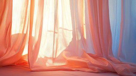 Soft draped curtains filter gentle sunrise light, creating a warm and tranquil atmosphere in the room. Perfect for interiors and relaxing moments.の素材