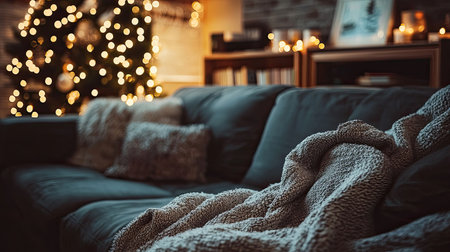 A cozy living room scene featuring a plush sofa adorned with a soft blanket, illuminated by the warm glow of Christmas lights and a beautifully decorated tree, creating a peaceful and inviting atmosphere for relaxation and celebration.の素材