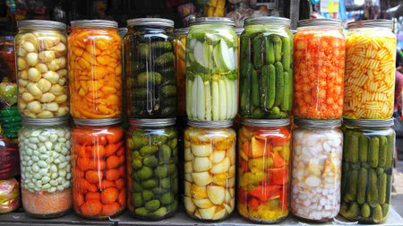 This captivating image showcases a vibrant display of jarred vegetables and fruits in a market setting, highlighting the art of food preservation.の素材