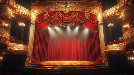 Captivating theater stage featuring rich red curtains and stunning lights, ideal for artistic and theatrical performances, creating a dramatic ambiance.の素材