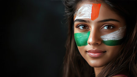 A captivating portrait of a young woman with vibrant face paint in green and orange. Her expressive gaze reflects beauty and cultural pride.の素材