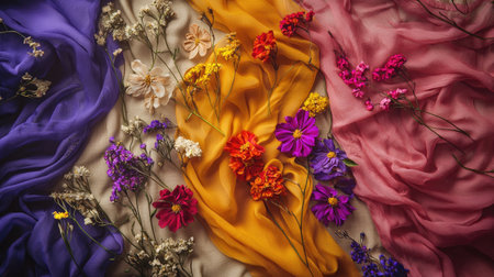 A stunning display of colorful flowers draped over soft sheer fabrics, creating an elegant composition. This artistic arrangement captures the beauty of nature.の素材