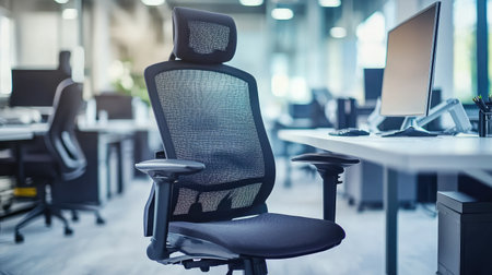 Ergonomic office chair positioned in a contemporary workspace, designed for optimal comfort and productivity. The bright environment enhances the modern aesthetic.の素材