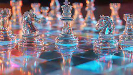 A stunning arrangement of transparent glass chess pieces illuminated by colorful lighting. The vibrant reflections create a captivating visual experience.の素材