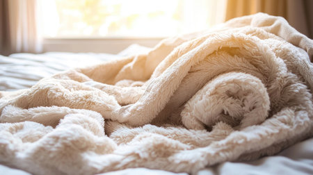 A soft and fluffy blanket elegantly draped on a cozy bed, bathed in gentle morning light. This serene scene promotes feelings of comfort and relaxation.の素材