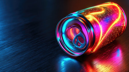 A close-up image of a colorful soda can glowing with vibrant lights on a dark surface. The artistic design captures sparkling energy and festive ambiance.の素材