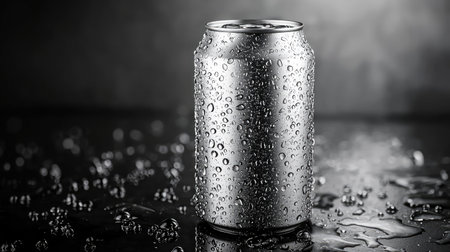 A sleek silver can covered in water droplets sits on a dark surface, creating a moody atmosphere perfect for showcasing refreshment and hydration.の素材
