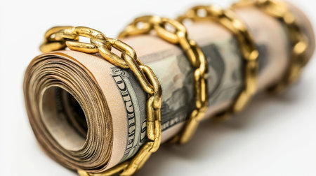 A rolled cash bundle secured with a golden chain symbolizes financial security and wealth management. It highlights the importance of protecting assets.の素材