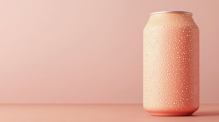 A close-up view of a condensation-covered beverage can on a soft pink background, evoking feelings of refreshment and modern design. Ideal for advertising.の素材