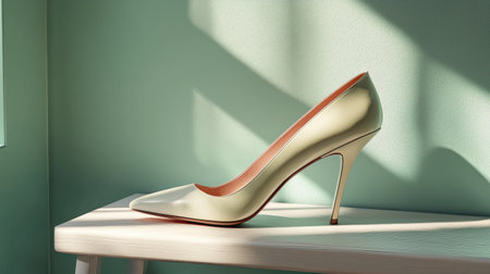 A sophisticated high-heeled shoe rests on a minimalist wooden table against a soft green backdrop, capturing the essence of modern elegance and style.の素材