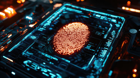 A detailed view of a high-tech fingerprint scanner interface, featuring vibrant neon colors. The image represents modern security technology and digital identification processes.の素材
