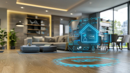Explore the innovative concept of smart home technology with a digital interface displayed in a modern living room, highlighting connectivity and convenience.の素材
