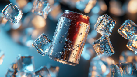 A vibrant scene featuring a refreshing beverage can surrounded by ice cubes, capturing the essence of cold drinks on a summer day. Ideal for beverage marketing.の素材