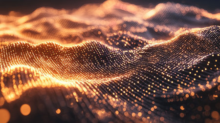 This stunning abstract image features glowing digital waves with particles, creating a mesmerizing visual effect. Perfect for technology and design projects.の素材
