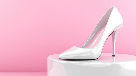 Stunning elegant white high heel shoe displayed on a soft pink background. Perfect for fashion, beauty, and luxury promotions. Emphasizes style and elegance.の素材
