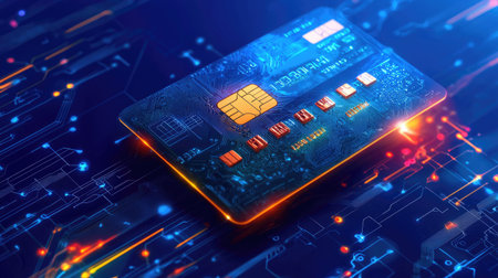 A vibrant credit card sits against a dynamic digital backdrop, symbolizing the integration of technology in finance. Ideal for themes of modern commerce.の素材