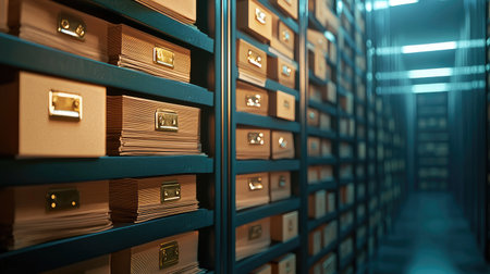 Explore a modern storage facility showcasing neatly organized file drawers in a well-lit archive. Perfect for illustrating data management and organization.の素材