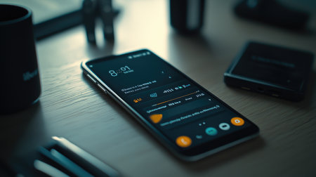 A sleek smartphone showing the time and various notifications on a wooden desk surface. The image highlights technology's integration into daily life.の素材