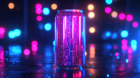 A colorful sparkling can stands against a backdrop of glowing lights, reflecting vibrant hues. Perfect for showcasing creativity and energy in projects.の素材