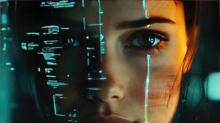 A captivating close-up of a young woman's face enhanced by digital overlays, showcasing a blend of beauty and technology in a futuristic setting.の素材