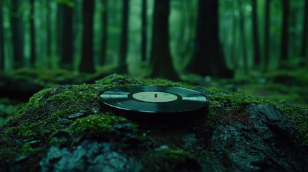 A vintage vinyl record sits on a moss-covered rock in a vibrant green forest, creating a serene and nostalgic atmosphere. The image captures the harmony of nature and music.の素材