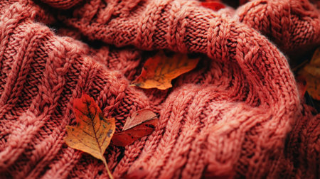 This image captures a cozy knitted fabric adorned with vibrant autumn leaves, creating a warm and inviting atmosphere perfect for fall-themed decor.の素材