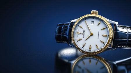 This elegant watch features a gold and silver design, complemented by a leather strap, perfect for adding sophistication to any attire.の素材