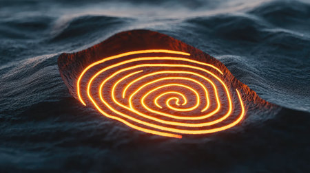 A captivating glowing fingerprint design emerges from a textured surface, combining modern aesthetics and technology to evoke themes of identity and security.の素材