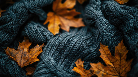 A close-up of a textured knit fabric adorned with vibrant autumn leaves. The cozy setting evokes warmth and seasonal charm, perfect for a relaxing atmosphere.の素材