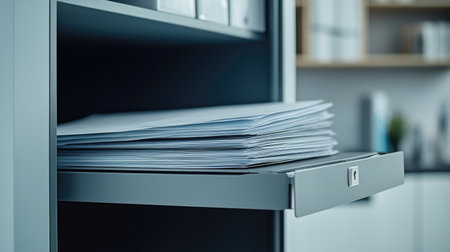 Organized stack of documents in a sleek office filing cabinet drawer. Ideal for showcasing workspace organization, efficiency, and modern office aesthetics.の素材