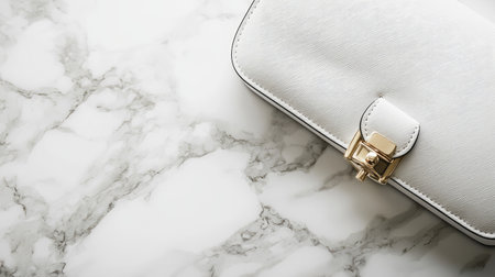 This image showcases an elegant white purse resting on a chic marble surface. The modern design and textured fabric make it a perfect accessory for any occasion.の素材