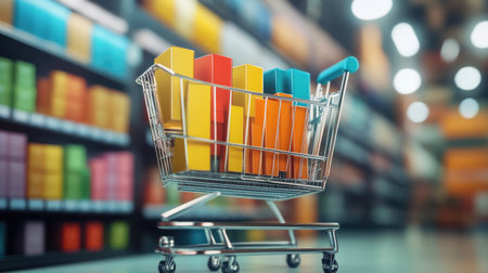 An eye-catching shopping cart filled with vibrant boxes awaits in a modern supermarket. The colorful display enhances the shopping experience in a consumer-friendly environment.の素材