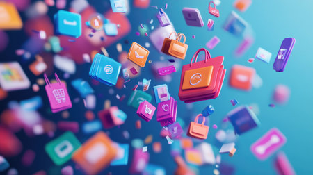 A vibrant collection of digital icons symbolizing online shopping and technology. The design showcases various elements like carts, wallets, and apps, emphasizing digital commerce.の素材