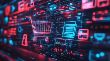 A vibrant digital shopping cart illustration overlays a futuristic technology backdrop, capturing the essence of modern online retail and digital commerce.の素材
