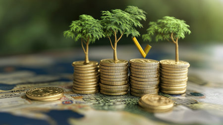 Discover the concept of financial growth depicted through stacked coins and trees, symbolizing prosperity and sustainable investment practices in a vibrant economy.の素材