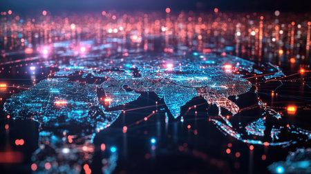 This captivating visualization showcases a futuristic world map with glowing connections and network patterns, illustrating technology and global connectivity.の素材