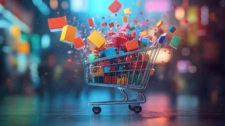 A vibrant shopping cart bursts with colorful gift boxes, symbolizing joy and celebration. The abstract background adds a dynamic feel, perfect for holiday promotions.の素材