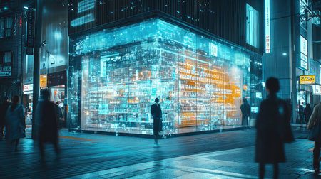 A captivating cityscape at night showcasing a futuristic building with glowing digital displays. The scene buzzes with vibrant urban life and technology.の素材