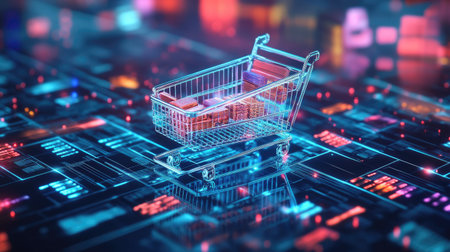A vibrant, futuristic digital shopping cart stands out against a neon technology background, representing modern e-commerce and innovative retail concepts.の素材