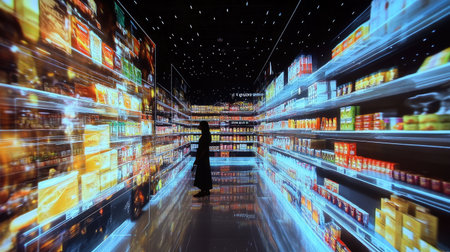 An immersive and futuristic grocery shopping experience showcasing virtual aisles and digital displays, enhancing consumer interaction and showcasing innovative retail concepts.の素材