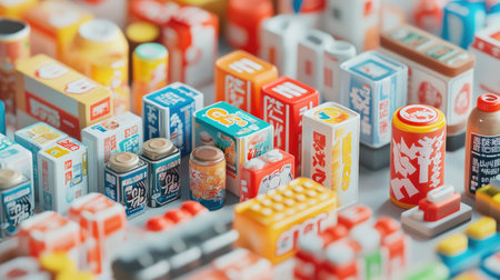 This vibrant arrangement of miniature food packaging features an array of colorful snacks and beverages. The detailed display showcases creativity and fun, ideal for artistic projects.の素材