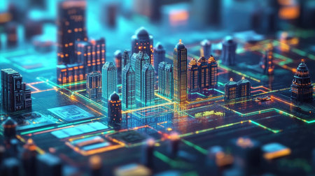 A captivating cityscape showcasing futuristic buildings integrated with digital interfaces. Neon lights illuminate the urban landscape, embodying technological innovation.の素材