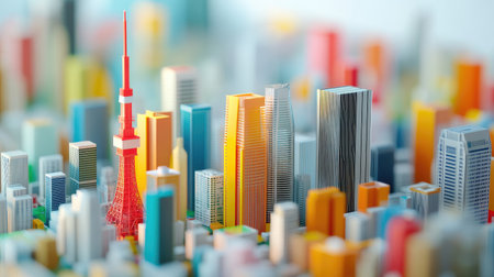 A vibrant and colorful miniature cityscape featuring iconic buildings and a prominent tower. This artistic representation captures the essence of urban life.の素材