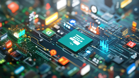 Explore a vivid and intricate closeup of a technology circuit board filled with colorful icons and illuminated elements, showcasing modern digital innovation.の素材