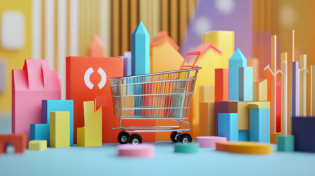 A whimsical scene featuring a shopping cart among colorful abstract city blocks. This vibrant composition captures the essence of retail and creativity in a playful way.の素材