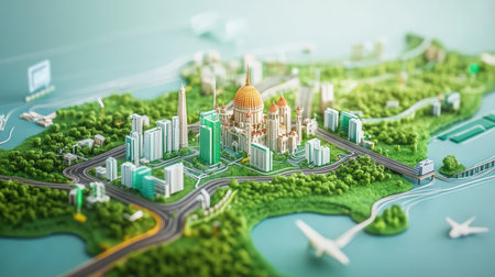 A stunning miniature model of a vibrant city, blending urban architecture with lush greenery, showcasing a harmonious balance between nature and development.の素材
